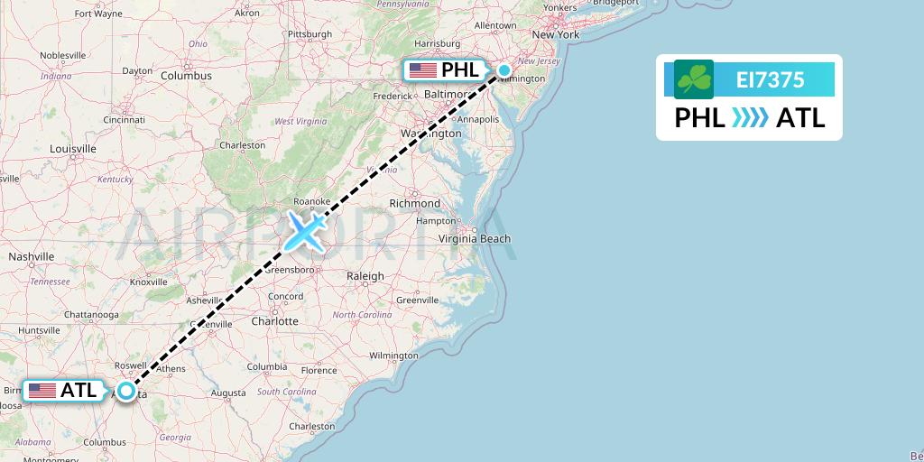 EI7375 Aer Lingus Flight Map: Philadelphia to Atlanta