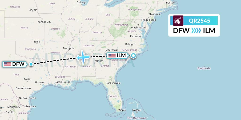 QR2545 Qatar Airways Flight Map: Dallas to Wilmington