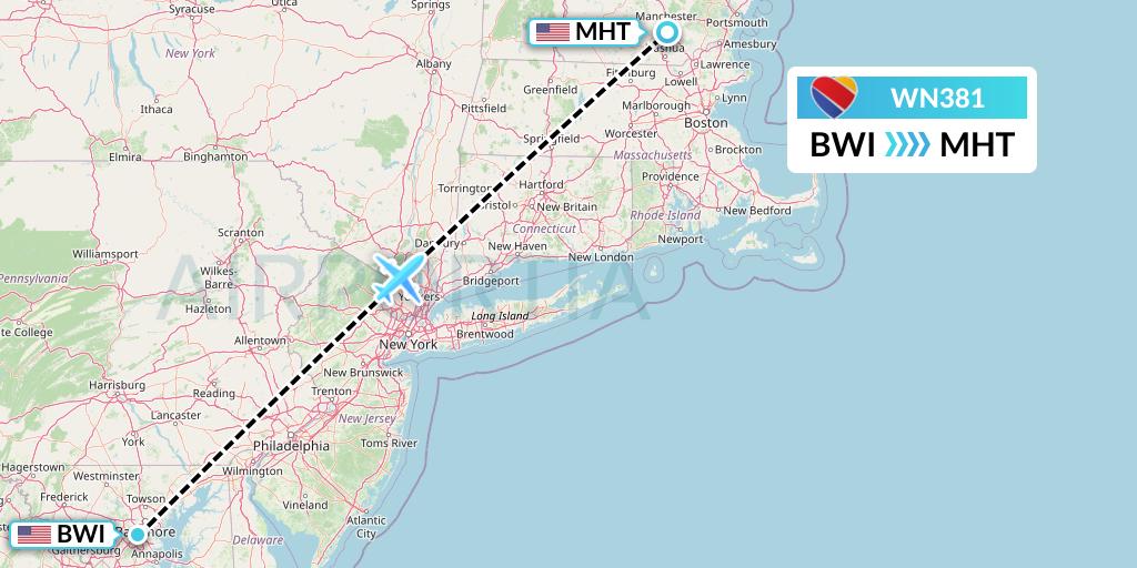 WN381 Southwest Airlines Flight Map: Baltimore to Manchester