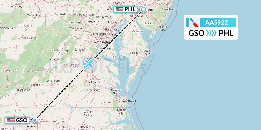 AA5922 American Airlines Flight Map: Greensboro to Philadelphia