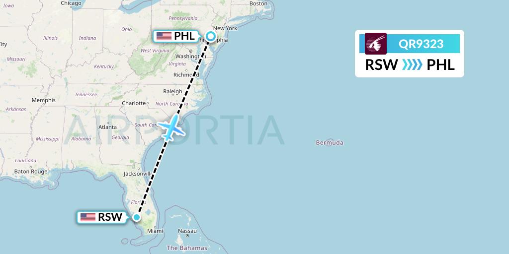 QR9323 Qatar Airways Flight Map: Fort Myers to Philadelphia