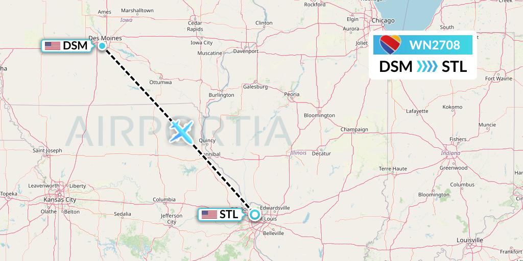 WN2708 Southwest Airlines Flight Map: Des Moines to St. Louis