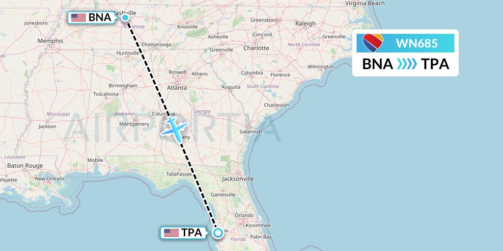 WN685 Southwest Airlines Flight Map: Nashville to Tampa