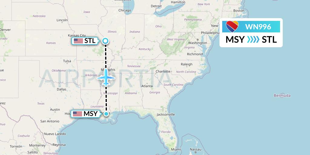 WN996 Southwest Airlines Flight Map: New Orleans to St. Louis