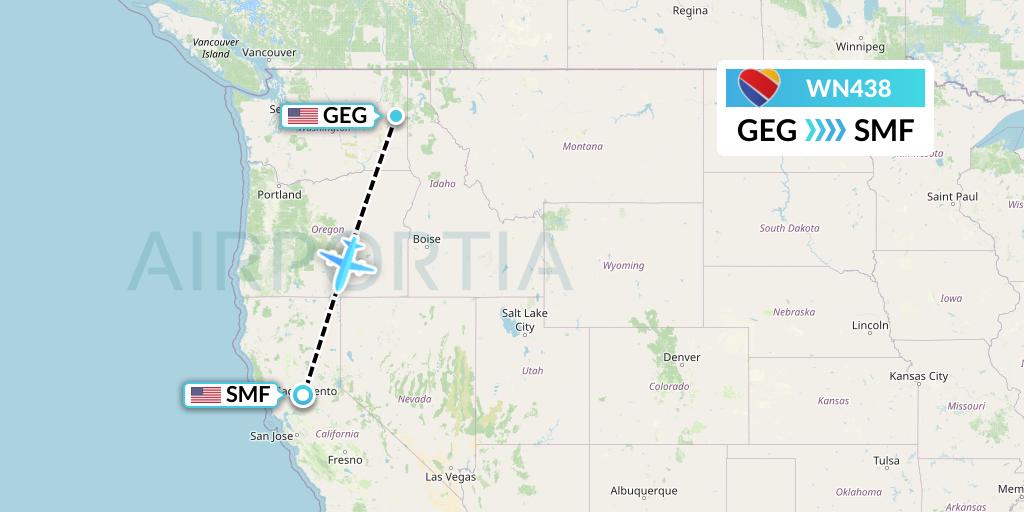 WN438 Southwest Airlines Flight Map: Spokane to Sacramento