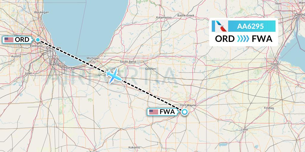 AA6295 American Airlines Flight Map: Chicago to Fort Wayne