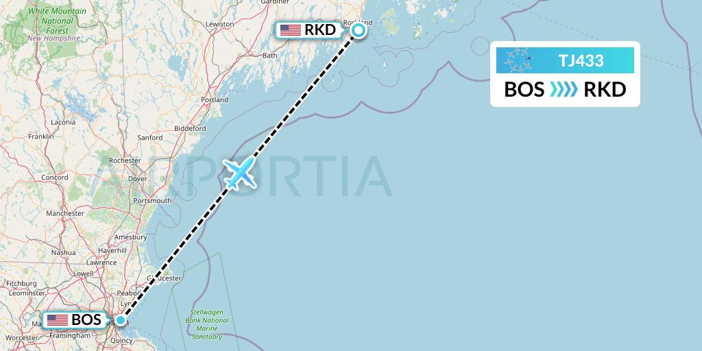 TJ433 Tradewind Aviation Flight Map: Boston to Rockland