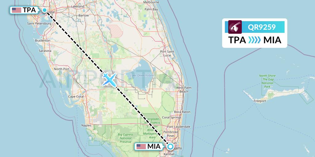 QR9259 Qatar Airways Flight Map: Tampa to Miami
