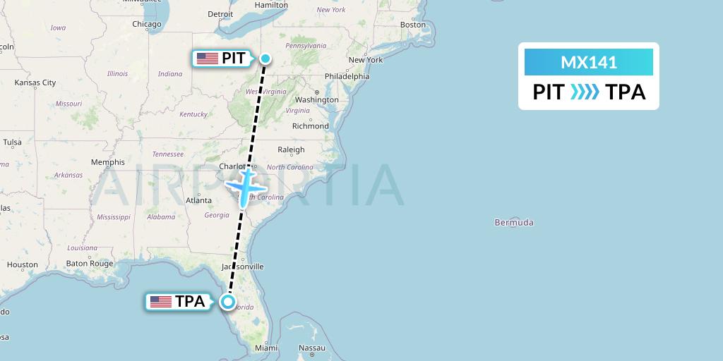 MX141 Breeze Airways Flight Map: Pittsburgh to Tampa