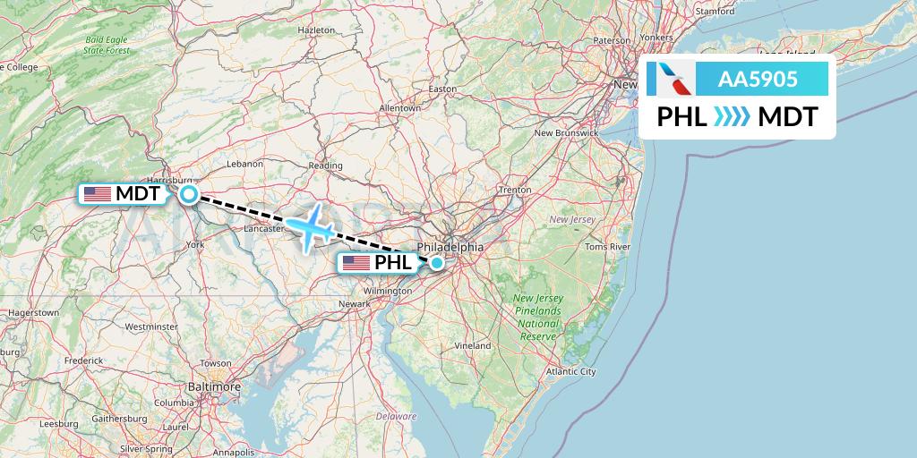 AA5905 American Airlines Flight Map: Philadelphia to Harrisburg