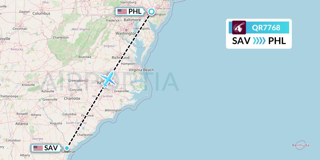 QR7768 Qatar Airways Flight Map: Savannah to Philadelphia