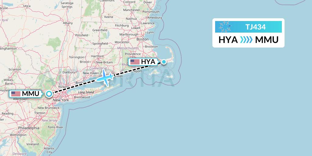 TJ434 Tradewind Aviation Flight Map: Hyannis to Morristown