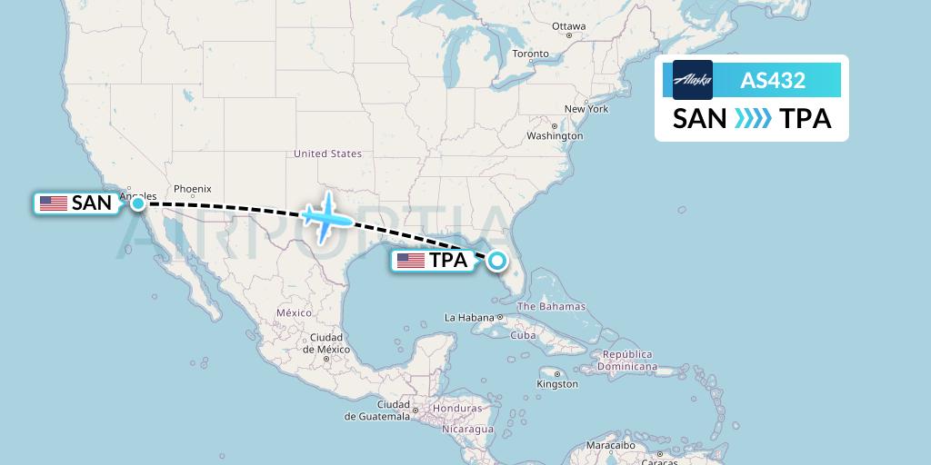 AS432 Alaska Airlines Flight Map: San Diego to Tampa