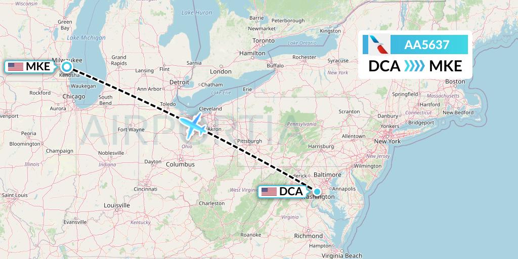 AA5637 American Airlines Flight Map: Washington to Milwaukee