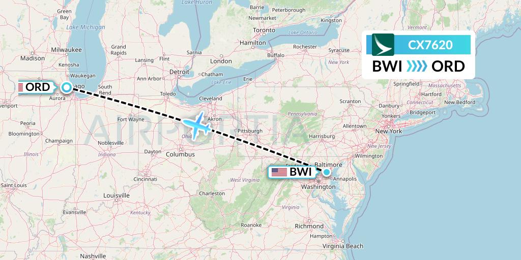 CX7620 Cathay Pacific Flight Map: Baltimore to Chicago