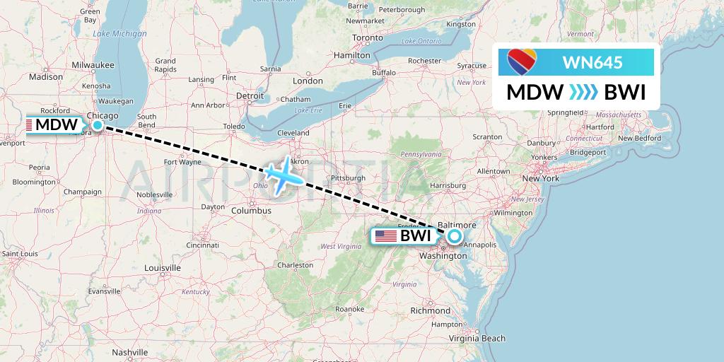 WN645 Southwest Airlines Flight Map: Chicago to Baltimore