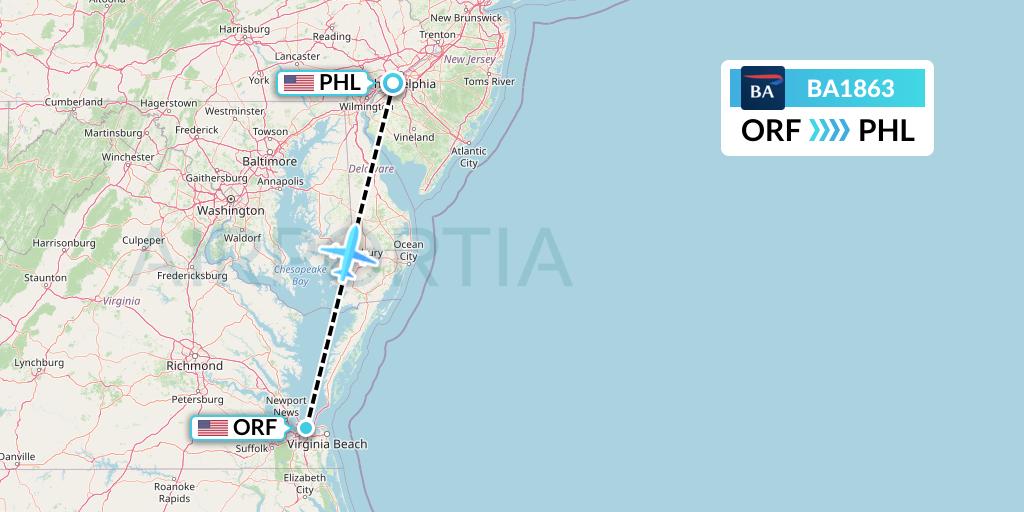 BA1863 British Airways Flight Map: Norfolk to Philadelphia