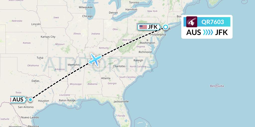 QR7603 Qatar Airways Flight Map: Austin to New York