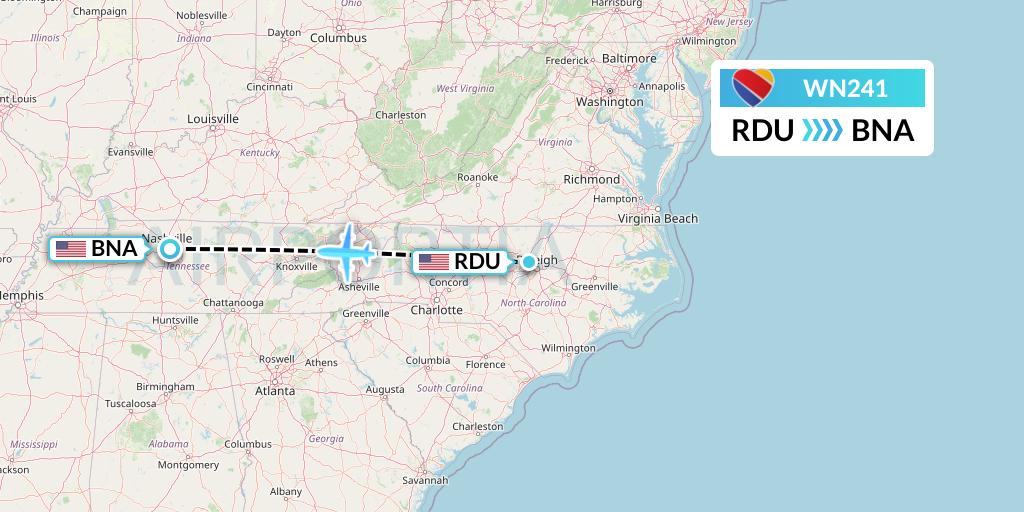 WN241 Southwest Airlines Flight Map: Raleigh-Durham to Nashville