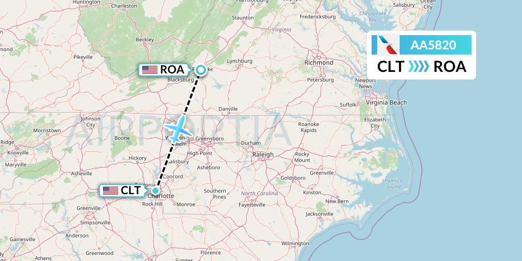 AA5820 American Airlines Flight Map: Charlotte to Roanoke