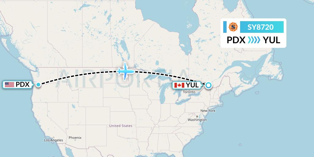 SY8720 Sun Country Airlines Flight Map: Portland to Montreal