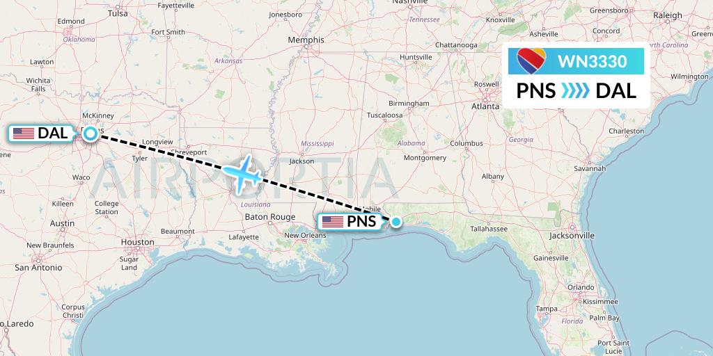 WN3330 Southwest Airlines Flight Map: Pensacola to Dallas