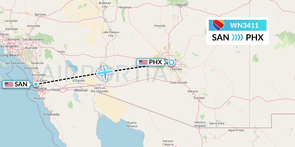WN3411 Southwest Airlines Flight Map: San Diego to Phoenix