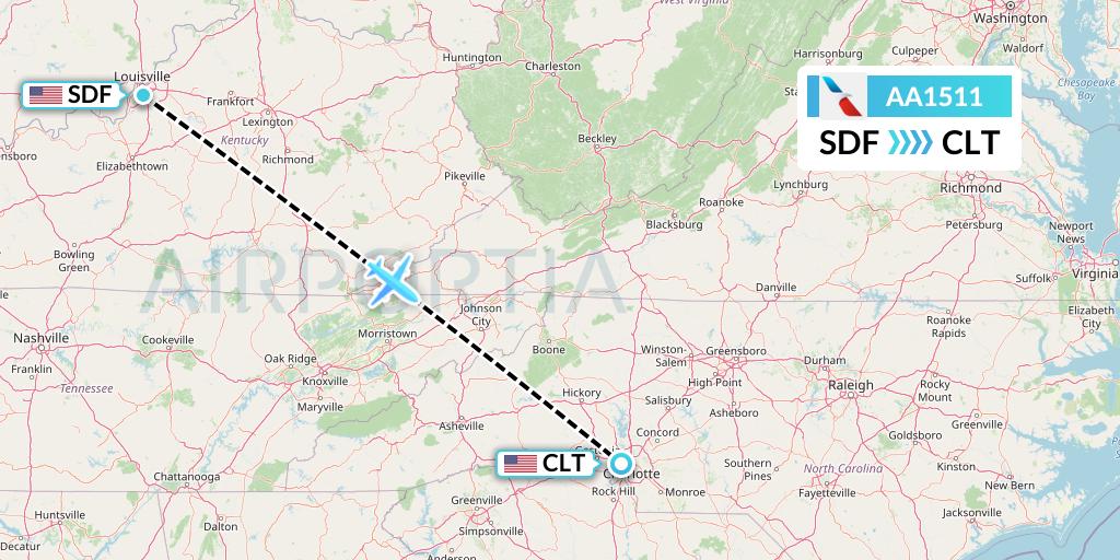 AA1511 American Airlines Flight Map: Louisville to Charlotte