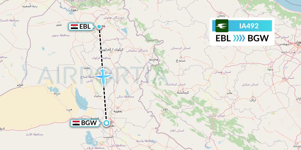 IA492 Iraqi Airways Flight Map: Arbil to Baghdad