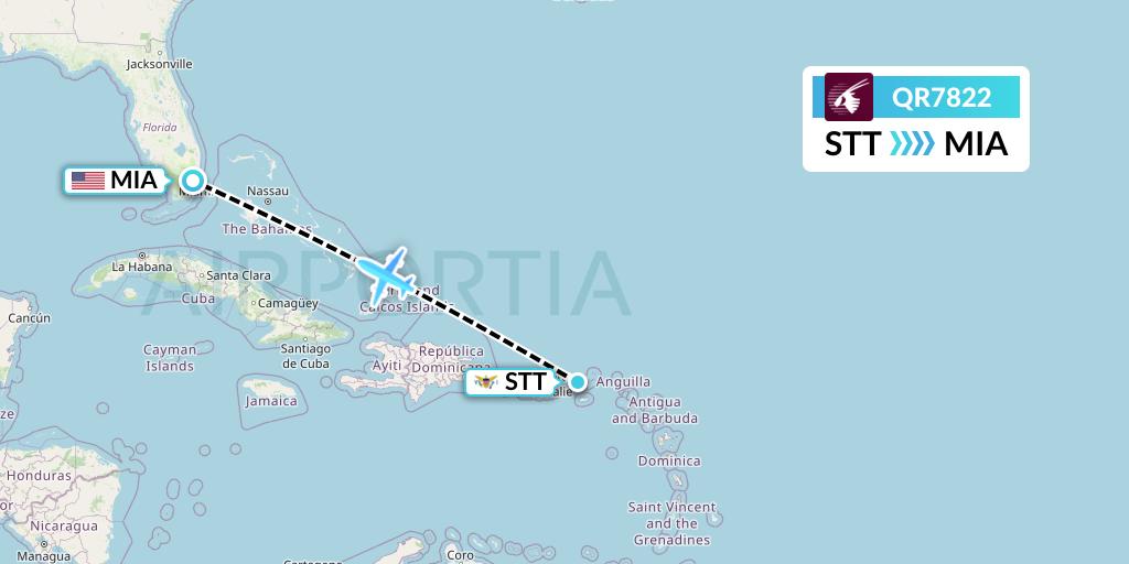 QR7822 Qatar Airways Flight Map: St. Thomas to Miami