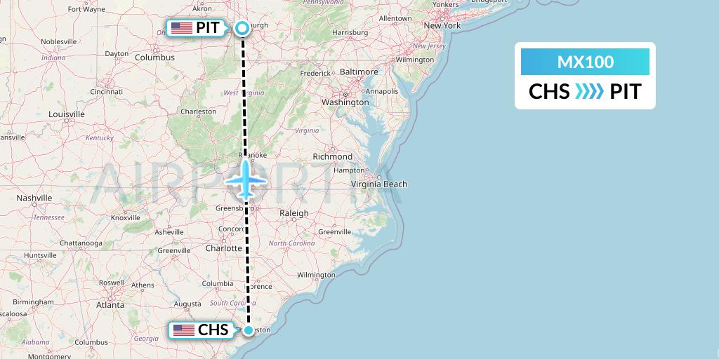 MX100 Breeze Airways Flight Map: Charleston to Pittsburgh
