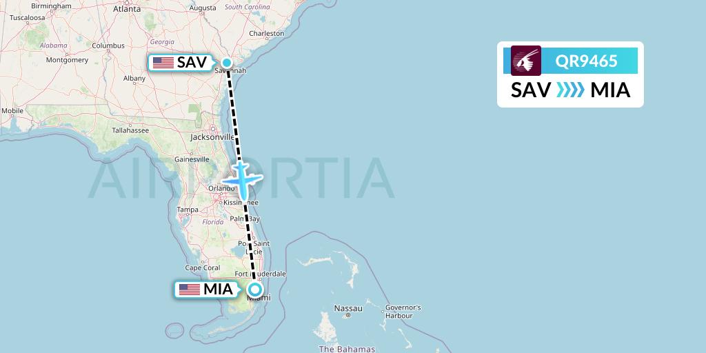 QR9465 Qatar Airways Flight Map: Savannah to Miami