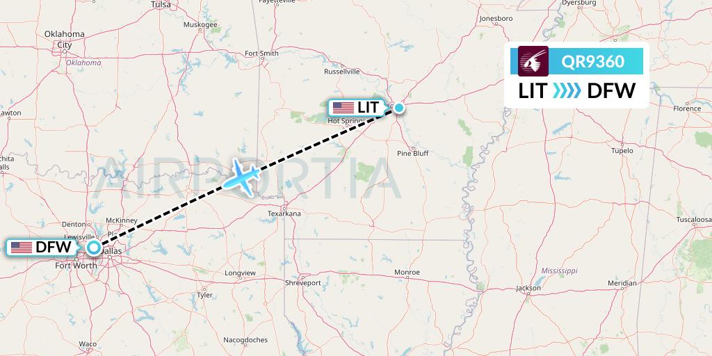 QR9360 Qatar Airways Flight Map: Little Rock to Dallas