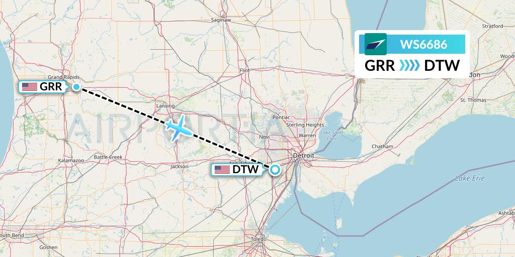 WS6686 WestJet Flight Map: Grand Rapids to Detroit