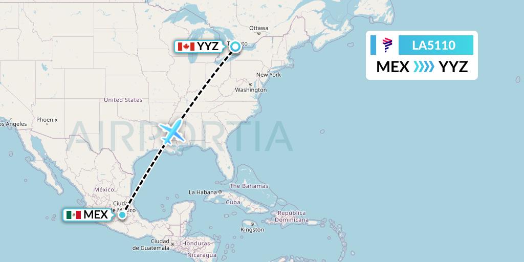 LA5110 LAN Airlines Flight Map: Mexico City to Toronto