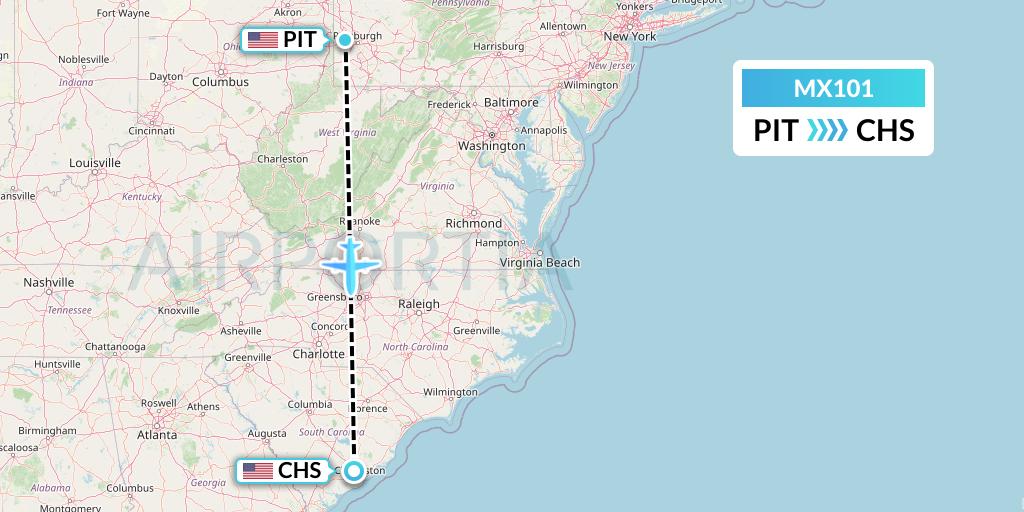 MX101 Breeze Airways Flight Map: Pittsburgh to Charleston