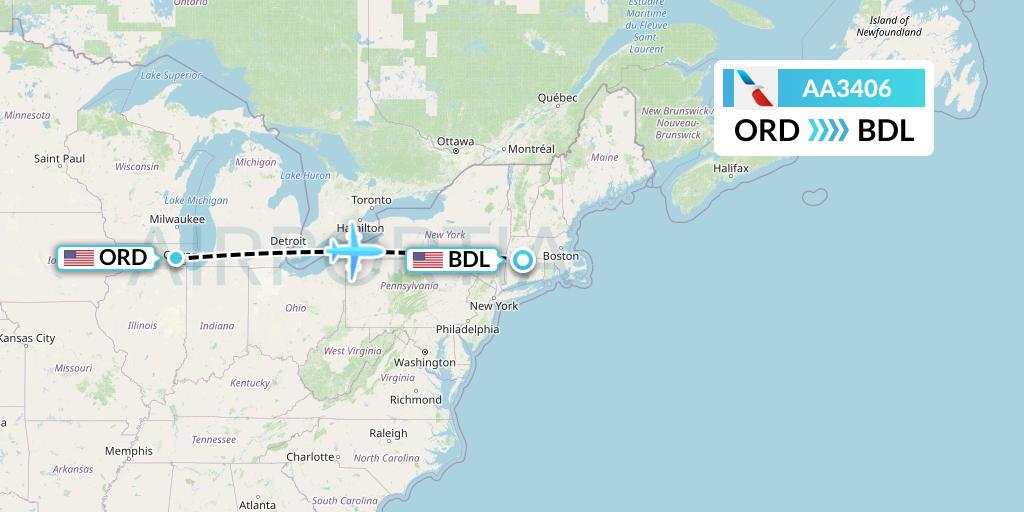 AA3406 American Airlines Flight Map: Chicago to Windsor Locks