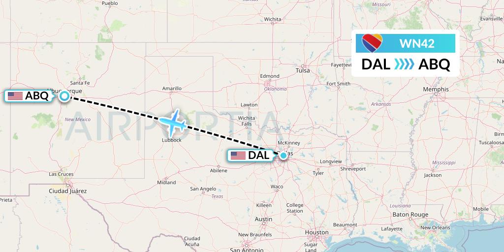 WN42 Southwest Airlines Flight Map: Dallas to Albuquerque