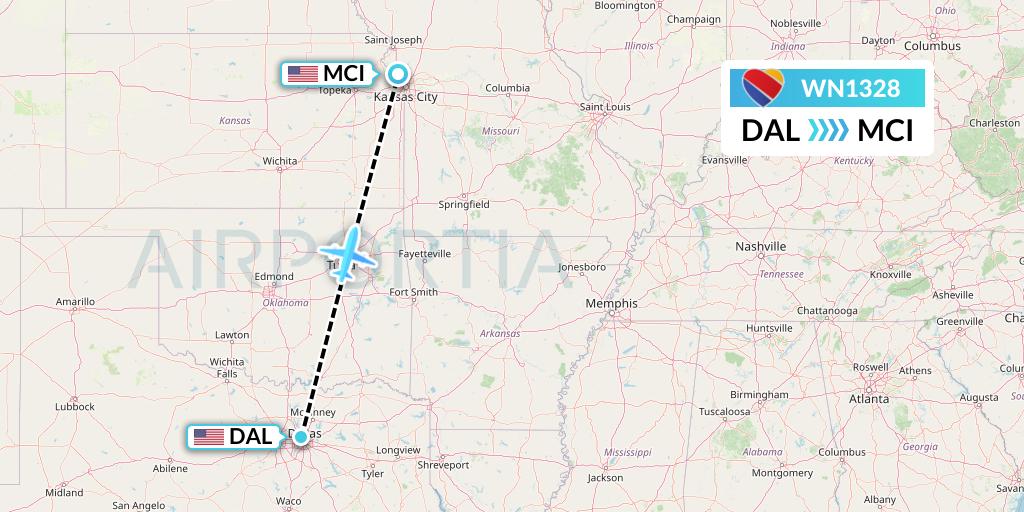 WN1328 Southwest Airlines Flight Map: Dallas to Kansas City