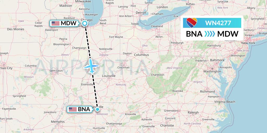 WN4277 Southwest Airlines Flight Map: Nashville to Chicago
