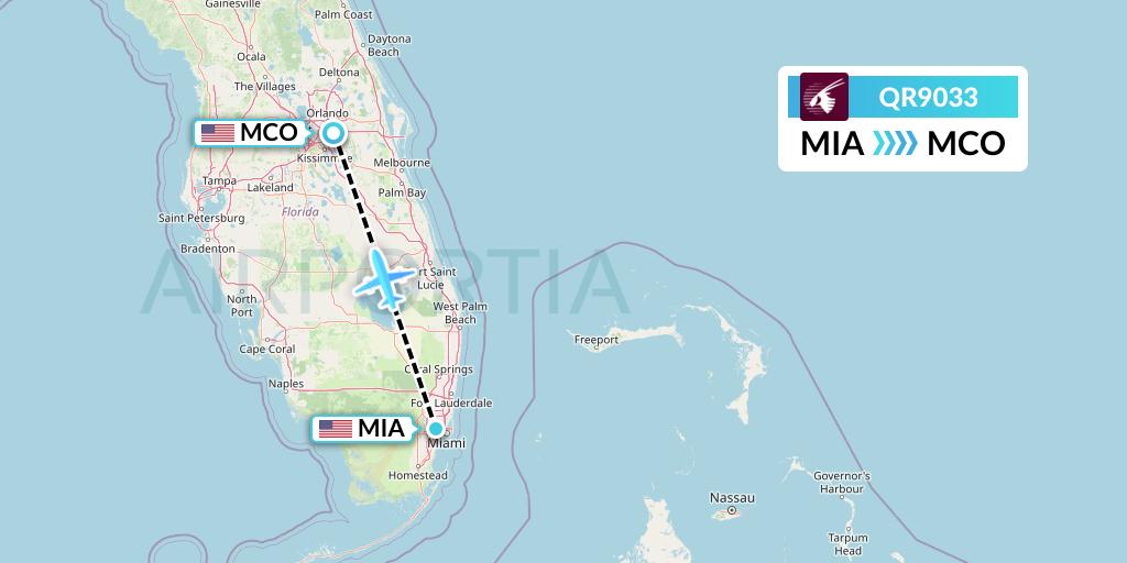 QR9033 Qatar Airways Flight Map: Miami to Orlando