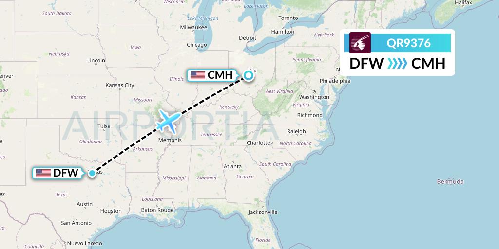QR9376 Qatar Airways Flight Map: Dallas to Columbus