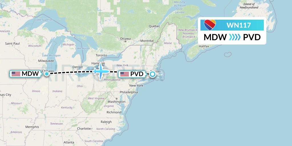 WN117 Southwest Airlines Flight Map: Chicago to Providence