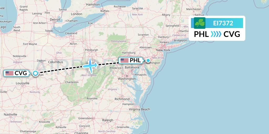 EI7372 Aer Lingus Flight Map: Philadelphia to Cincinnati