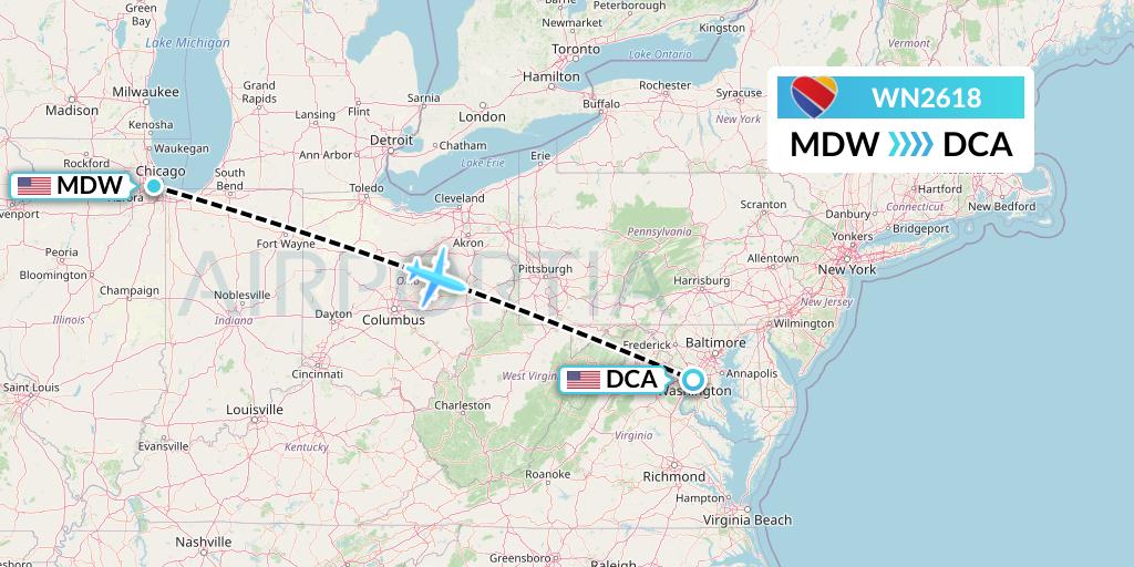 WN2618 Southwest Airlines Flight Map: Chicago to Washington