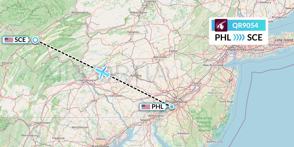 QR9054 Qatar Airways Flight Map: Philadelphia to State College