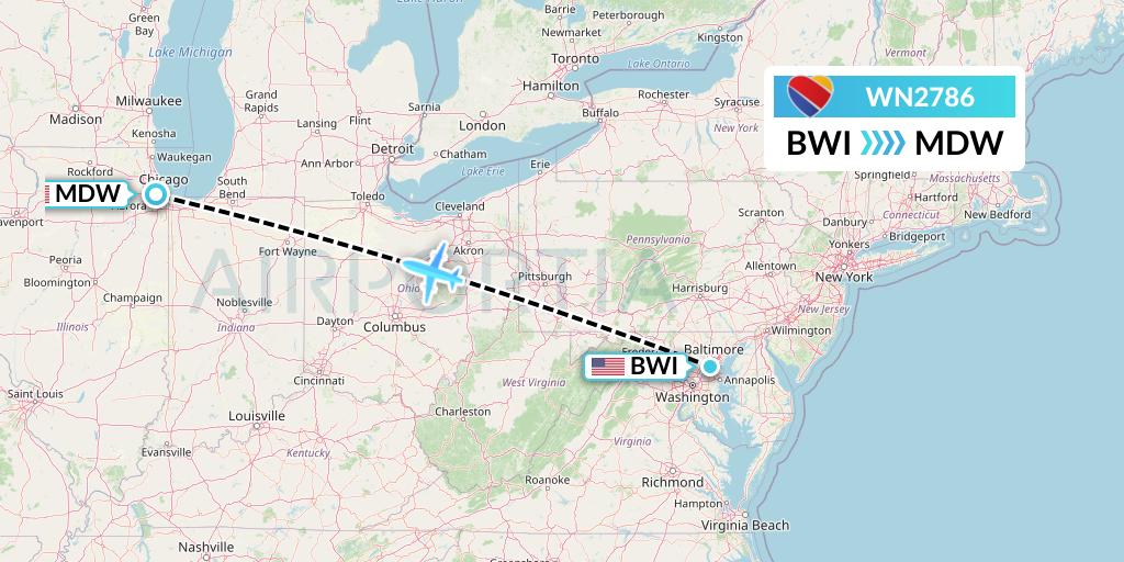 WN2786 Southwest Airlines Flight Map: Baltimore to Chicago