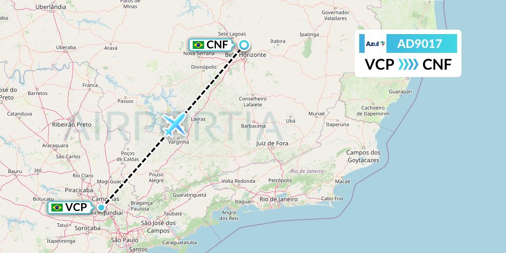 AD9017 Azul Brazilian Airlines Flight Map: Campinas to Belo Horizonte