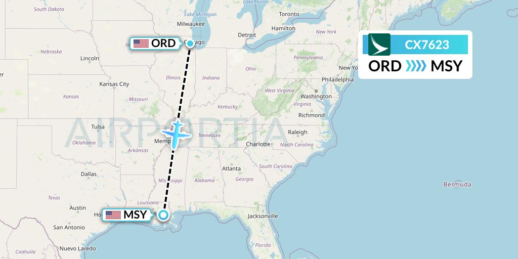 CX7623 Cathay Pacific Flight Map: Chicago to New Orleans