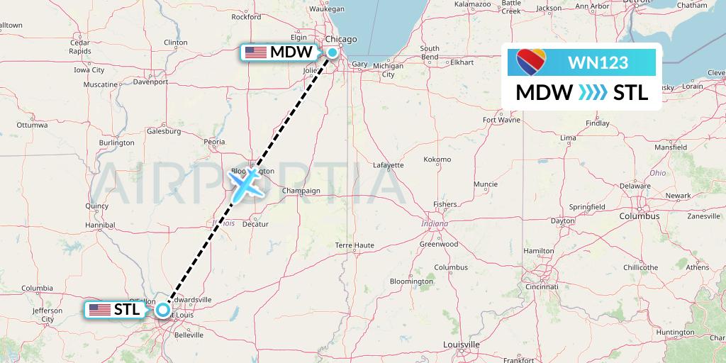 WN123 Southwest Airlines Flight Map: Chicago to St. Louis